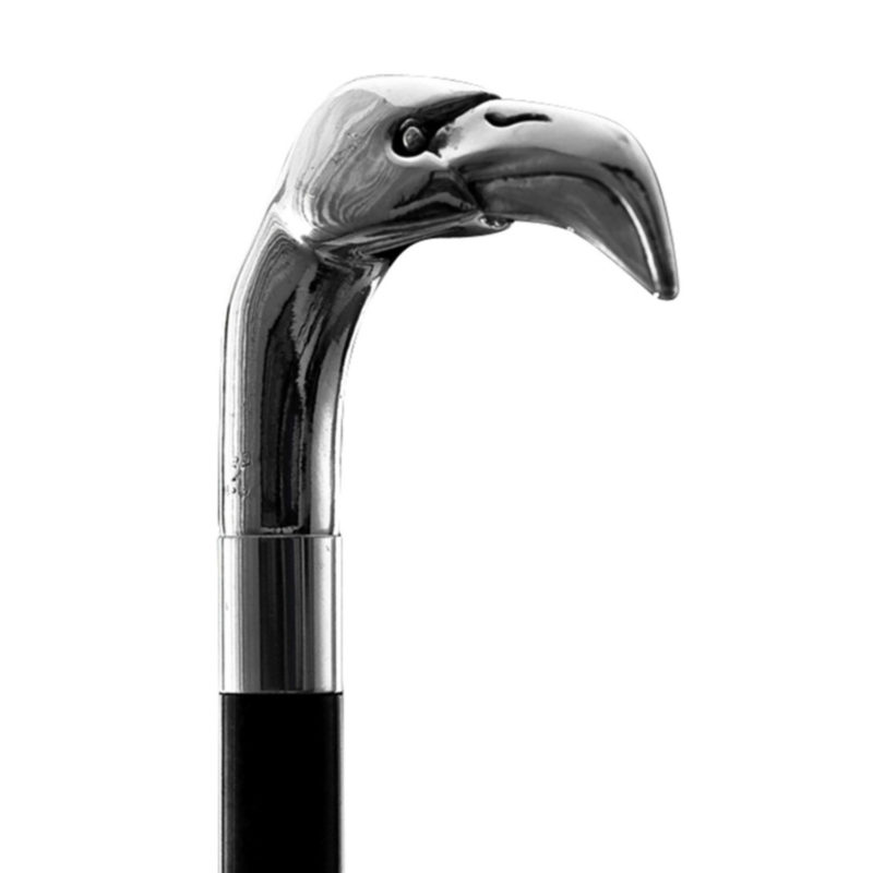 Elegante bastone da passeggio con la testa di fenicottero modellato a mano e placcato argento 925 sull'impugnatura.