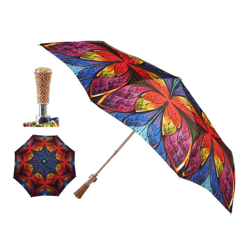 MWalking Sticks Ombrello Donna Asta Pieghevole impugnatura gioiello milord Swarovski telo floreale multicolor