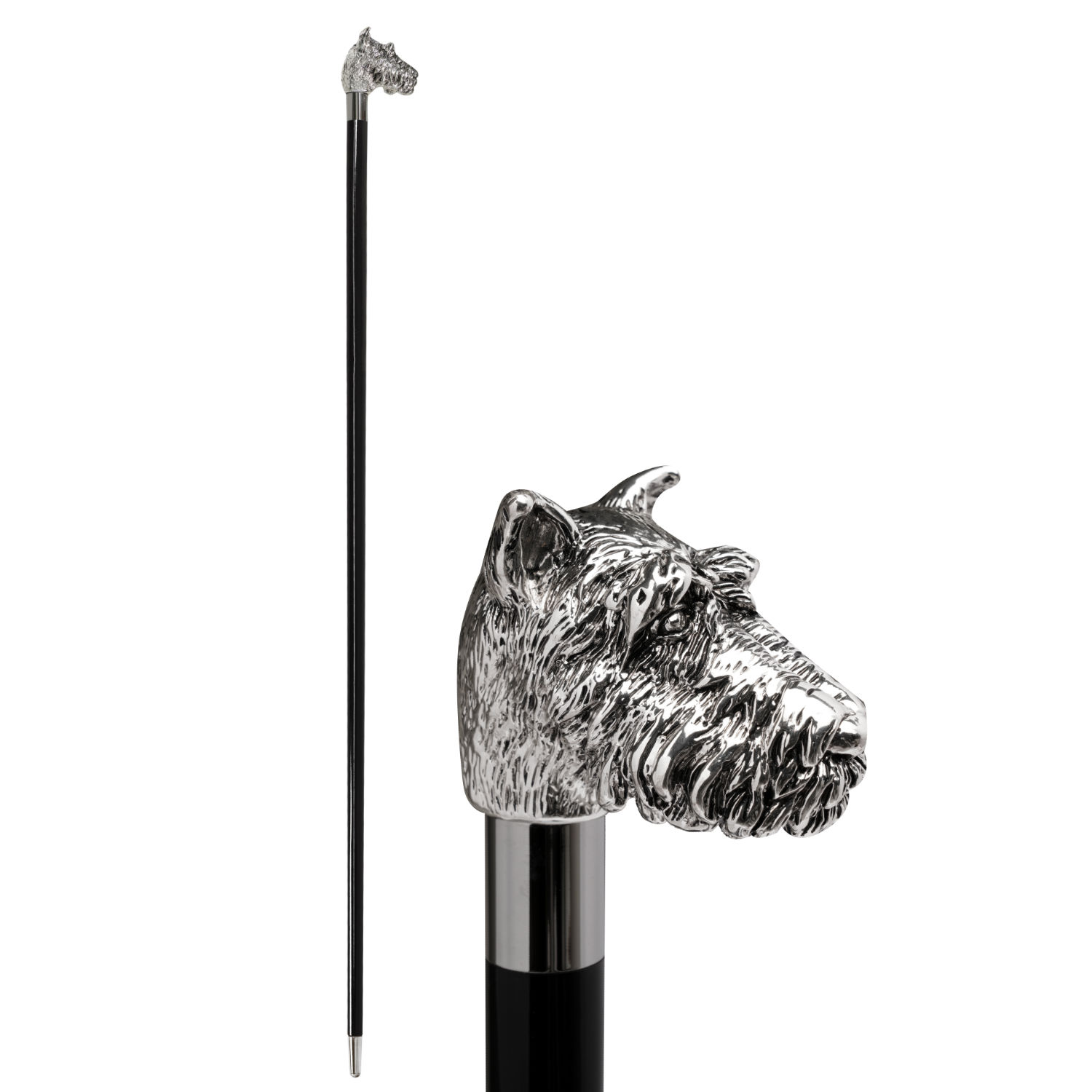 WS-BSTN06-FBM Walking Sticks Bastone da passeggio elegante impugnatura Schnauzer Argento (3) Tradizionale bastone da passeggio elegante con cane Schnauzer scolpito a mano sull'impugnatura placcata argento 925.