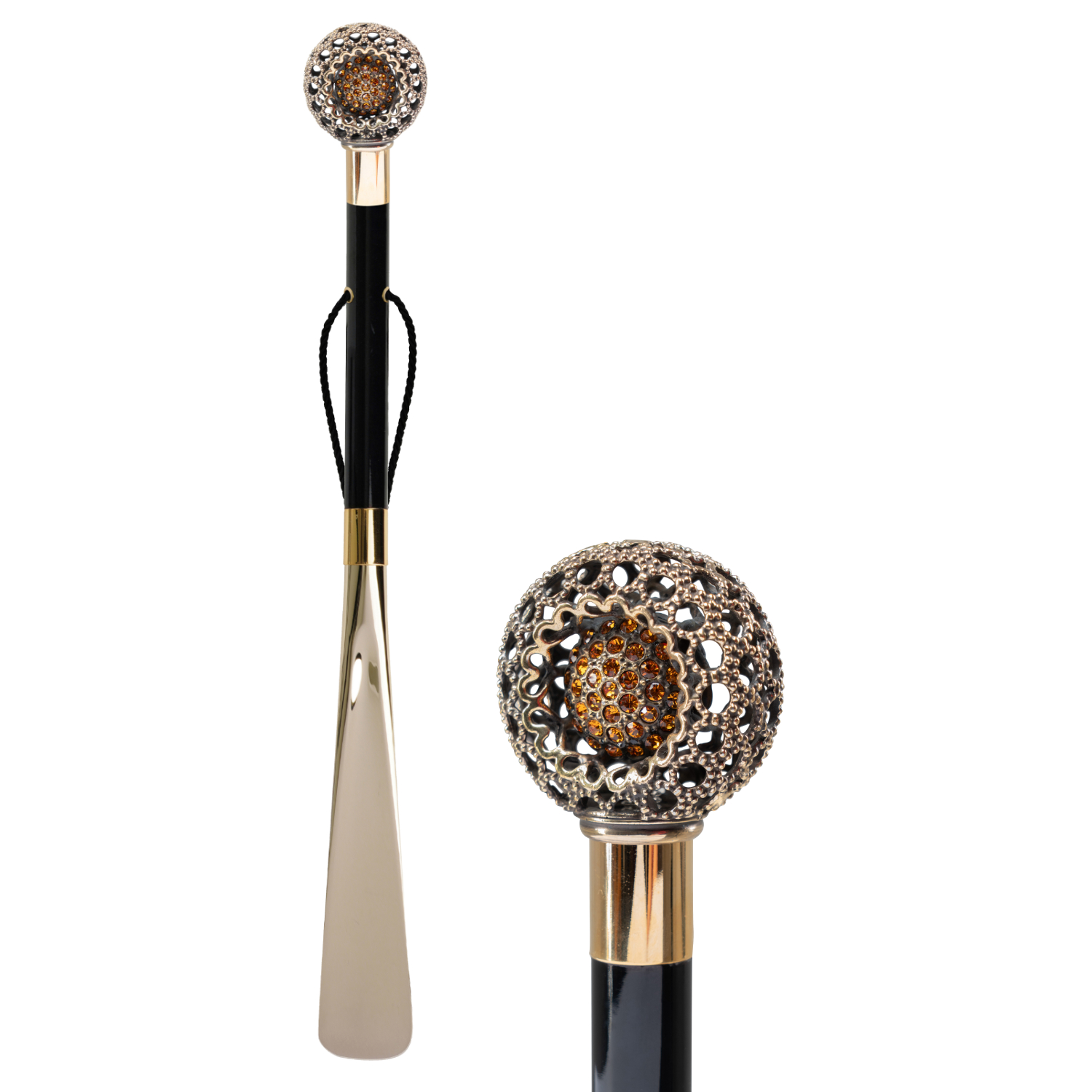 CSWS526BRUNAM (3)WS-CSWS526BRUNAM-FBM Walking Sticks Calza scarpe con impugnatura placcata oro 18k decori traforati e Swarovski ambrati Walking Sticks Calza scarpe con impugnatura placcata oro 18k decori traforati e Swarovski ambrati